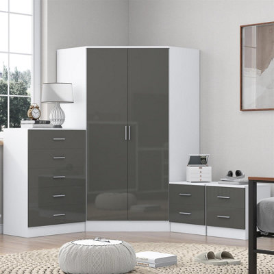 Reflect 2 Door Corner Wardrobe5 Drawer Chest2X 2 Drawer BedsidesGrey Gloss & Matt WhiteBedroom Furniture Set from B&Q
