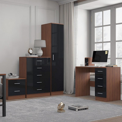 Reflect 1 Door Plain Wardrobe5 Drawer Chest2 Drawer Bedside & DeskBlack Gloss & WalnutBedroom Furniture Set from B&Q