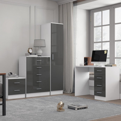 Reflect 1 Door Plain Wardrobe5 Drawer Chest2 Drawer Bedside & DeskGrey Gloss & Matt WhiteBedroom Furniture Set from B&Q