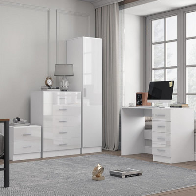 B&Q -  1 Door Plain Wardrobe5 Drawer Chest2 Drawer Bedside & DeskWhite Gloss & Matt WhiteBedroom Furniture Set