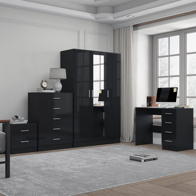 Reflect 3 Door Mirror Wardrobe5 Drawer Chest2 Drawer Bedside & DeskBlack Gloss & Black OakModern Bedroom Furniture Set from B&Q