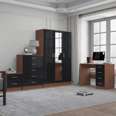 Reflect 3 Door Mirror Wardrobe5 Drawer Chest2 Drawer Bedside & DeskBlack Gloss & WalnutModern Bedroom Furniture Set from B&Q