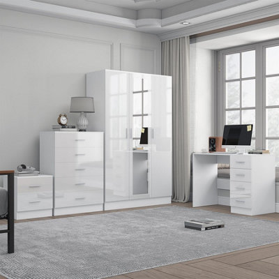Reflect 3 Door Mirror Wardrobe5 Drawer Chest2 Drawer Bedside & DeskWhite Gloss & Matt WhiteModern Bedroom Furniture Set from B&Q