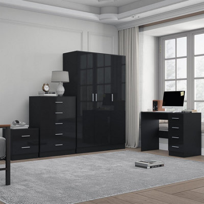 Reflect 3 Door Plain Wardrobe5 Drawer Chest2 Drawer Bedside & DeskBlack Gloss & Black OakModern Bedroom Furniture Set from B&Q