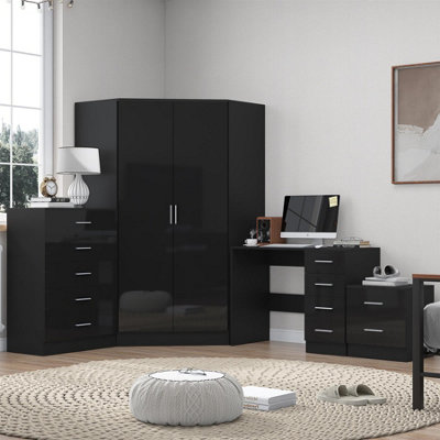 Reflect 2 Door Corner Wardrobe5 Drawer Chest2 Drawer Bedside & DeskBlack Gloss & Black OakBedroom Furniture Set from B&Q