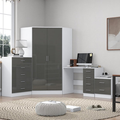 Reflect 2 Door Corner Wardrobe5 Drawer Chest2 Drawer Bedside & DeskGrey Gloss & Matt WhiteBedroom Furniture Set from B&Q