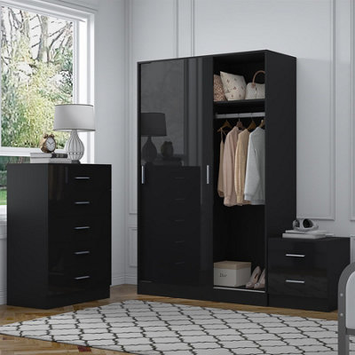 Reflect 2 Door Sliding Wardrobe5 Drawer Chest2 Drawer BedsideBlack Gloss & Black OakModern Bedroom Furniture Set from B&Q