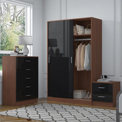 Reflect 2 Door Sliding Wardrobe5 Drawer Chest2 Drawer BedsideBlack Gloss & WalnutModern Bedroom Furniture Set from B&Q