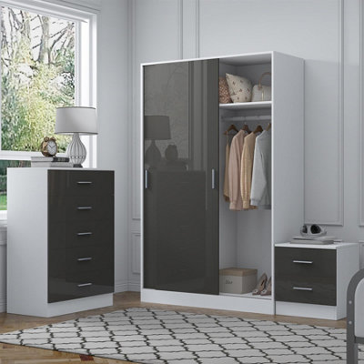 Reflect 2 Door Sliding Wardrobe5 Drawer Chest2 Drawer BedsideGrey Gloss & Matt WhiteModern Bedroom Furniture Set from B&Q