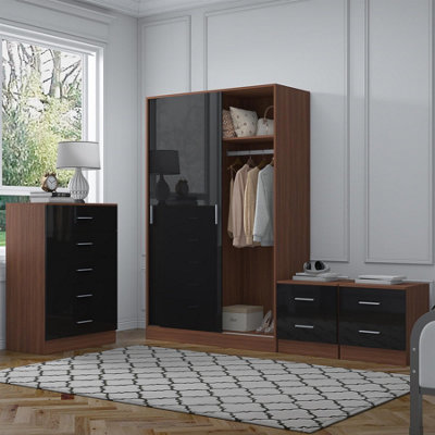 Reflect 2 Door Sliding Wardrobe5 Drawer Chest2X 2 Drawer BedsidesBlack Gloss & WalnutModern Bedroom Furniture Set from B&Q