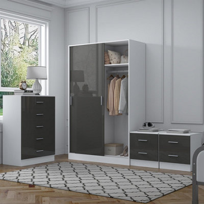 Reflect 2 Door Sliding Wardrobe5 Drawer Chest2X 2 Drawer BedsidesGrey Gloss & Matt WhiteModern Bedroom Furniture Set from B&Q