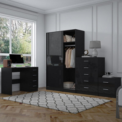 Reflect 2 Door Sliding Wardrobe5 Drawer Chest2 Drawer Bedside & DeskBlack Gloss & Black OakModern Bedroom Furniture Set from B&Q