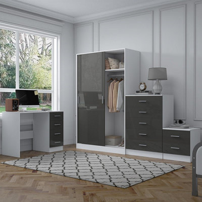 Reflect 2 Door Sliding Wardrobe5 Drawer Chest2 Drawer Bedside & DeskGrey Gloss & Matt WhiteModern Bedroom Furniture Set from B&Q