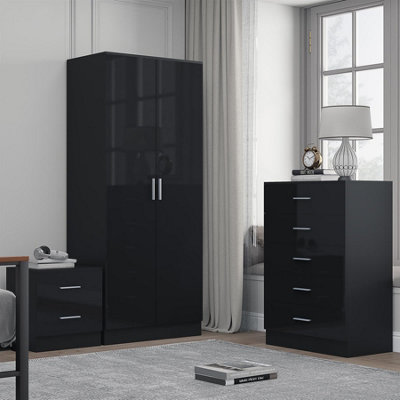 Reflect 2 Door Plain Wardrobe5 Drawer Chest2 Drawer BedsideBlack Gloss & Black OakModern Bedroom Furniture Set from B&Q
