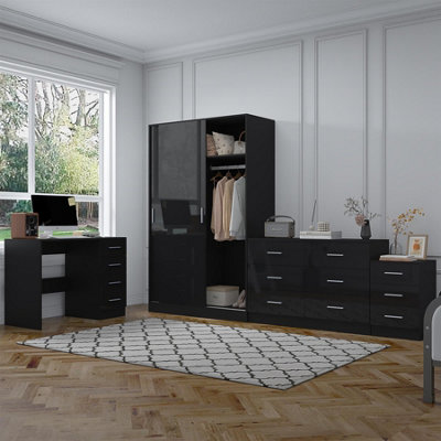 Reflect 2 Door Sliding Wardrobe6 Drawer Chest3 Drawer BedsideDeskBlack Gloss & Black OakModern Bedroom Furniture Set from B&Q