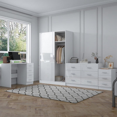 Reflect 2 Door Sliding Wardrobe6 Drawer Chest3 Drawer BedsideDeskWhite Gloss & Matt WhiteModern Bedroom Furniture Set from B&Q