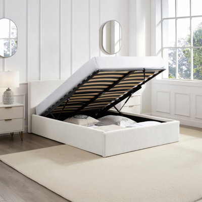 Teddy Boucle 5Ft King Gas Lift Up Ottoman Storage Bedframe (H: 113Cm X W: 170Cm X L: 220Cm) (White)