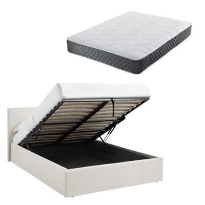 Teddy Boucle 5Ft King White Ottoman Storage Bed Gas Lift Up(L) 220Cm X (W) 170Cm (H) 113Cm With Memory Foam & Spring Mattress