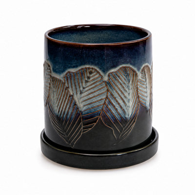B&Q -  Ceramic Indoor Plant Pot Iridescent Leaf Reactive Glaze 12Cm