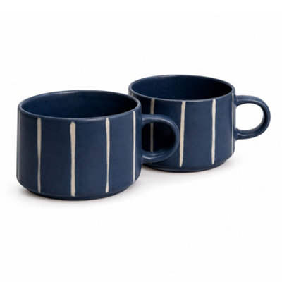 Scandi Home Unisex Navy Set Of 2 Striped Reactive Glaze Ceramic Mugs 520Ml | Size: Medium - Image 3