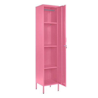 Mmt Funiture Designs Mmt Metal Locker Tall 3 Shelf Cabinet, 1 Door Modern Industrial Rustic Wardrobe Storage Cupboard For Living Room Or Office Pink