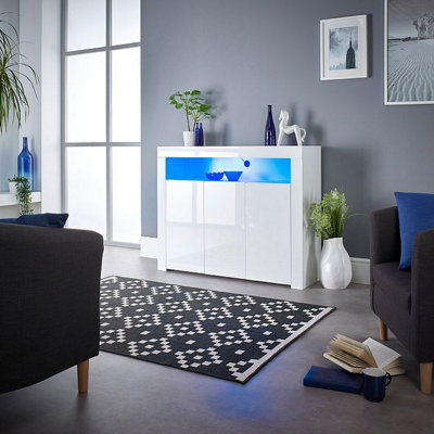 MMT Funiture Designs Modern White Matt Gloss Buffet Sideboard Cabinet With Led Lights-  Length 116Cm X Depth 35Cm X Height 93Cm from B&Q