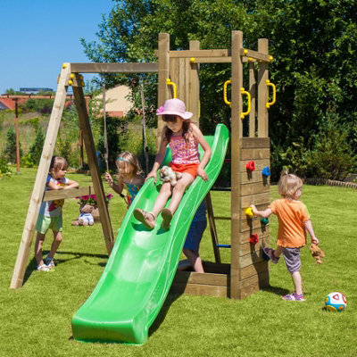 Shire Rumble Ridge Climbing Frame With Rock Wall, Single Swing, Slide And Sandpit