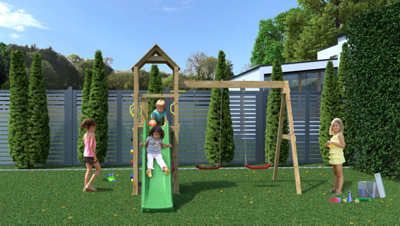 B&Q -  Sky High Hideout Flappi Climbing Frame With Double Swing And Slide