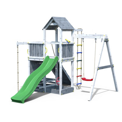 Shire Activity Tower Climbing Frame Finished In Grey And White Satin With Single Swing And Slide from B&Q