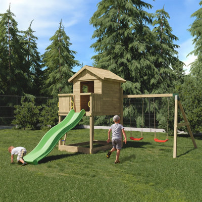 B&Q -  Galaxy Play Equipment With Double SwingsSlide And Raised Playhouse