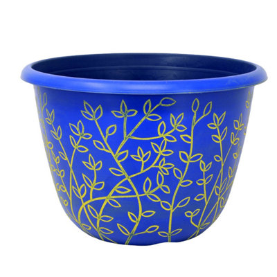  - Serenity Pot Planter Round Plastic Blue Yellow Flower Plant Garden Patio 30Cm