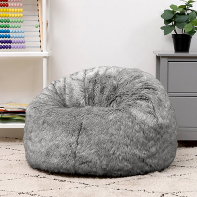 Icon Kids Classic Faux Fur Bean Bag Chair Arctic Wolf Bean Bags For Children Grey
