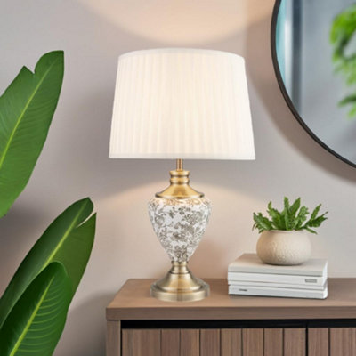 Lighting Supermarket Hepburn Large Ceramic Table Lamp Ivory Pleated Shade Gold Printed Finish 58Cm from B&Q