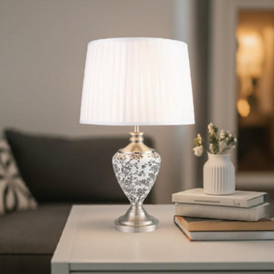 Lighting Supermarket Hepburn Large Ceramic Table Lamp Ivory Pleated Shade Black Print Silver 58Cm from B&Q