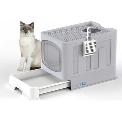 B&Q -  Large Cat Litter Box Tray Foldable With Lid Scoop Flap Door Slide Out Hooded
