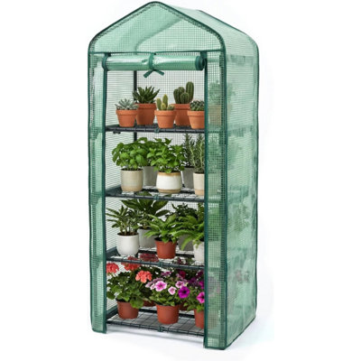 B&Q -  4 Tier Greenhouse With Cover (Green) Portable Metal Frame Weatherproof Outdoor Easy Assembly