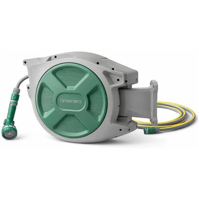 Vivo Wall Mounted Garden Hose Reel Pipe Auto Rewind System 180 Degrees Swivel25M + 2M Retractable Hose Pipe from B&Q
