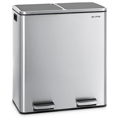 Evre 60L Recycling Stainless Steel Bin Silver 2 Removable CompartmentPedal Soft Close & Non Slip Base from B&Q