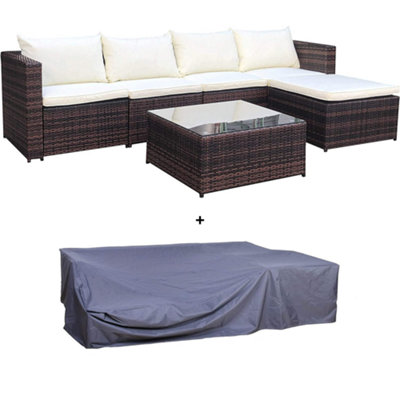 Evre Brown Rattan Outdoor Garden Furniture Set Miami Sofa Coffee TableFoot Stool Rattan With Premium Cover from B&Q