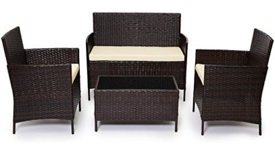 Evre Brown Madrid Rattan Garden Furniture Set Patio Conservatory Balcony Outdoor 4 Seater Piece Glass Top Coffee Table Modular Set from B&Q
