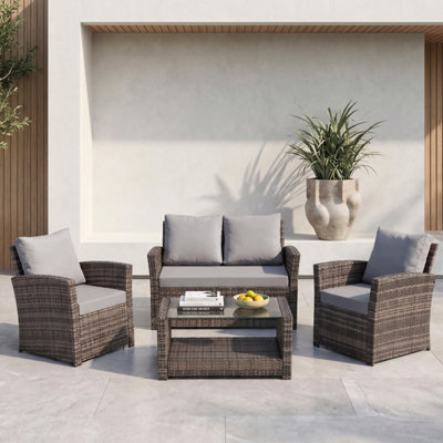 Evre 4 Seater Cedar Brown Rattan Garden Furniture Sofa Armchair SetRoma With Coffee Table from B&Q