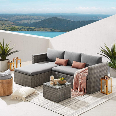 Evre Grey Malibu Rattan 3 Seater Garden Furniture Set Garden Corner Sofa & Coffee Table Patio OutdoorInc Weekend Delivery from B&Q