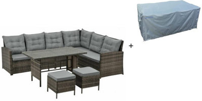 Evre Brown 8 Seater Garden Rattan Furniture Corner Dining Set Monroe Table Sofa Bench Stool Weather Cover from B&Q