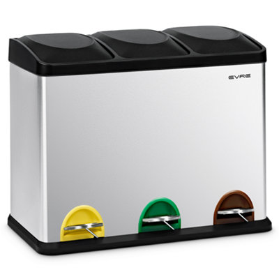 Evre 45L Recycling Stainless Steel Waste Bin Silver 3 Compartment With Pedal Soft Close & Non Slip Base from B&Q