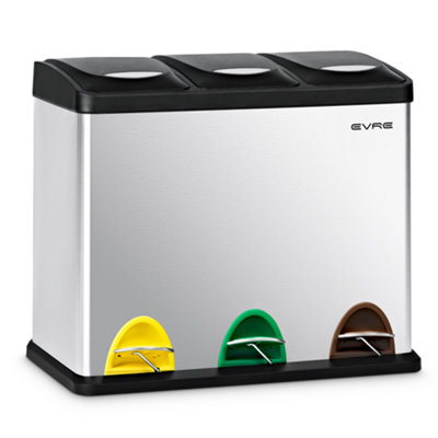Evre 24L Recycling Stainless Steel Waste Bin Silver 3 Compartment With Pedal Soft Close & Non Slip Base from B&Q