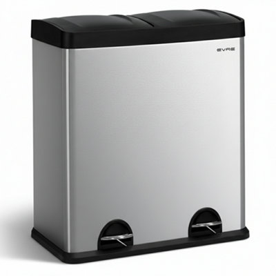 Evre 60L Recycling Stainless Steel Bin Silver 2 Removable CompartmentPedal Soft Close & Non Slip Base from B&Q