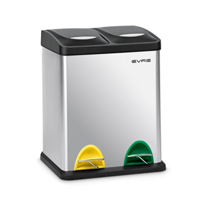 Evre 16L Recycling Stainless Steel Waste Bin Silver 2 Compartment With Pedal Soft Close & Non Slip Base from B&Q