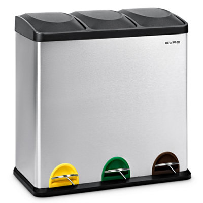 Evre 60L Recycling Stainless Steel Waste Bin Silver 3 Compartment With Pedal Soft Close & Non Slip Base from B&Q