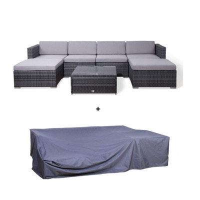 Evre Grey Rattan Outdoor Garden Furniture Nevada Set 6 Seater Sofa With Coffee Table With Cover from B&Q