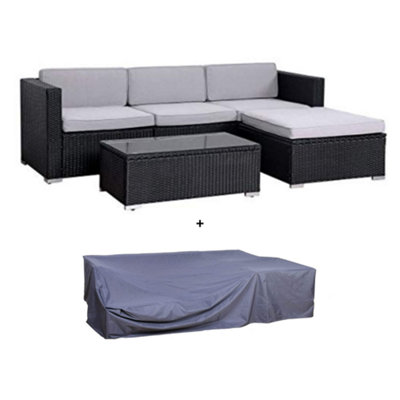 Evre Black Rattan Outdoor Garden Furniture Set 4 Seater California Sofa Set With Coffee Table With CoverInc Weekend Delivery from B&Q